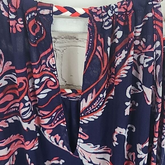 Spense Strappy Cami Navy Red Tank Sleeveless Braided Neck Mesh Blouse Shell Top - Picture 12 of 14